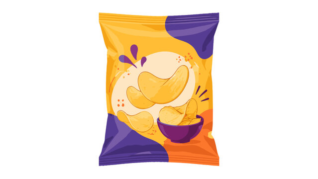 Colorful potato chips package template with bowl illustration