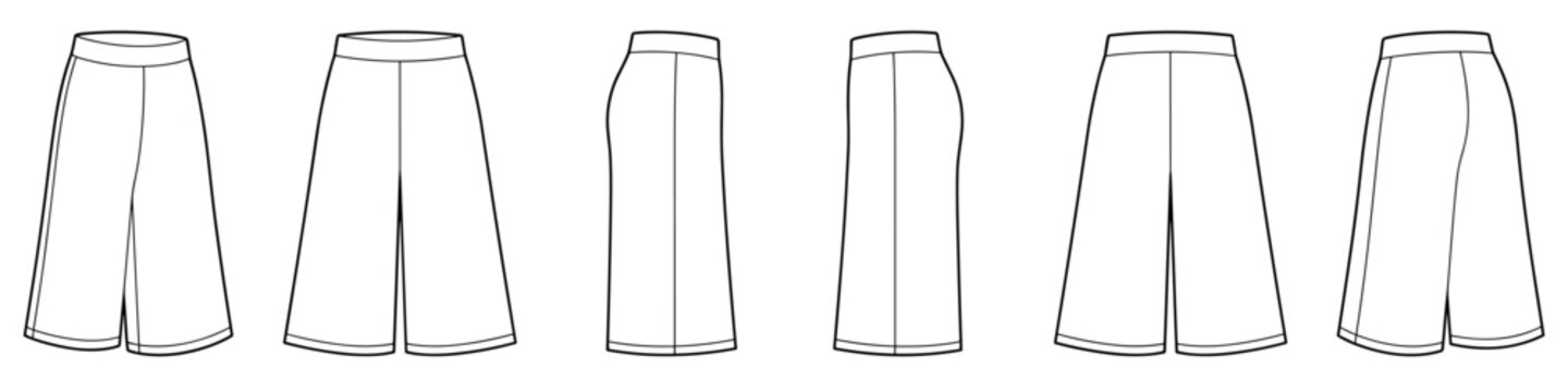 wide leg culottes shorts flat sketch technical cad drawing vector template transparent background