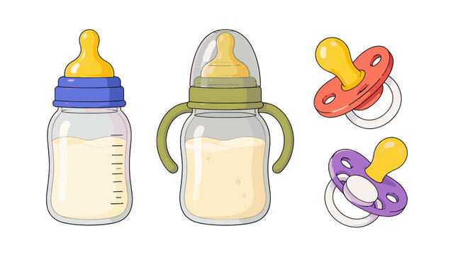 Baby bottles and pacifiers isolated in colorful vector style