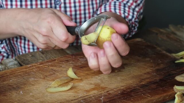 Female hands peeling uncooked potato. 