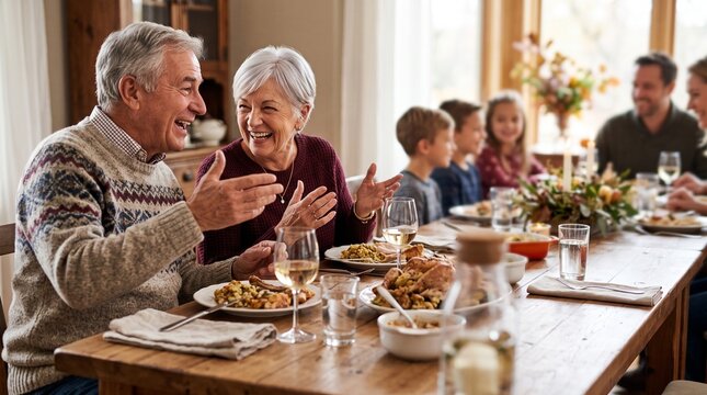 Grandparents sitting at a Thanksgiving table gesturing animatedly while telling a story to family. Multigenerational lifestyle photo for insurance companies and family brand marketing.