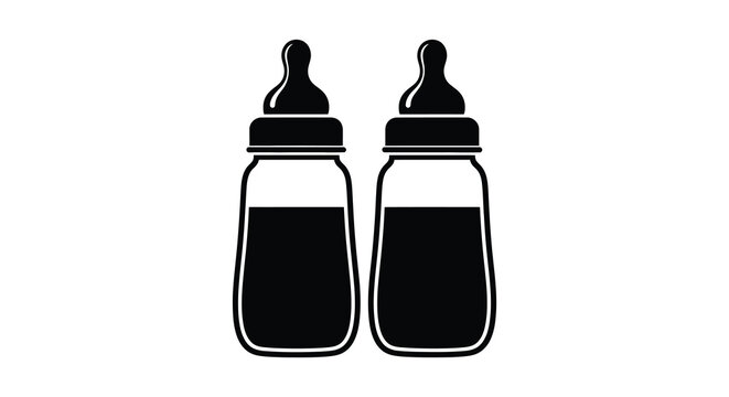 Two Baby Bottles Black Silhouette On White Background