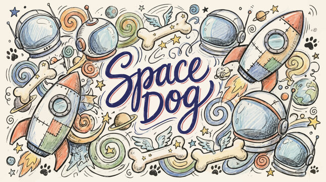 Doodlestyle illustration featuring rockets space helmets winged bones and planets with the text Space Dog