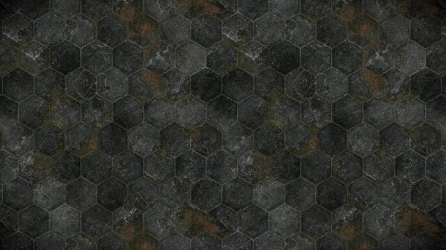 Grungy dark hexagonal tile texture background with a seamless loop.