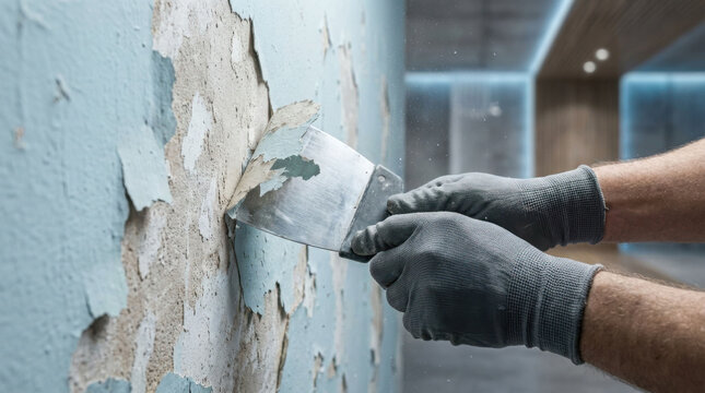 Worker scraping old peeling paint from a wall with a metal putty knife