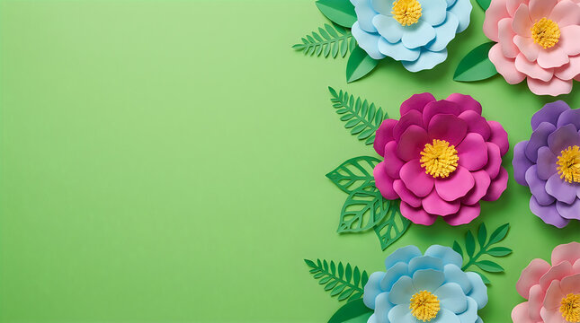 Top view of colorful handmade paper flowers arranged on a solid green background with copy space