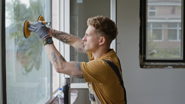 Young adult Caucasian male construction worker with tattoos attaching suction cup tool to window glass pane. Clip is ideal for home renovation services and window installation marketing