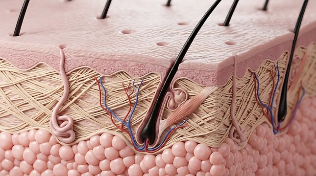 Close up microscopic view of hair follicle structure within human skin layers