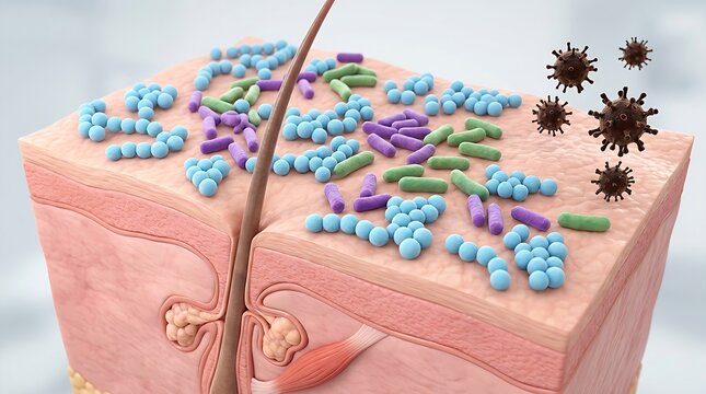 Microscopic view of bacteria and microbes on human skin surface near hair