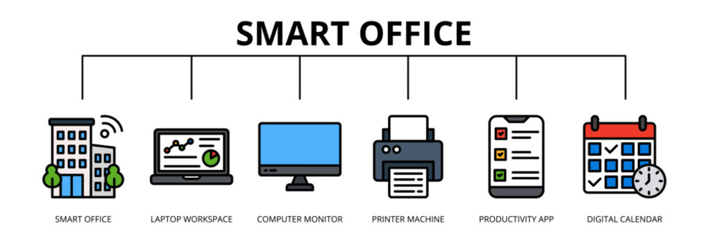 Smart Office web banner icon vector illustration concept with icons of smart office, laptop workspace, computer monitor, printer machine, productivity app, and digital calendar.
