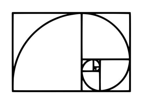 Hand-traced golden ratio spiral vector icon, minimalist geometric illustration with nested squares and quarter-circle arcs in black line art on white background, sacred geometry design element