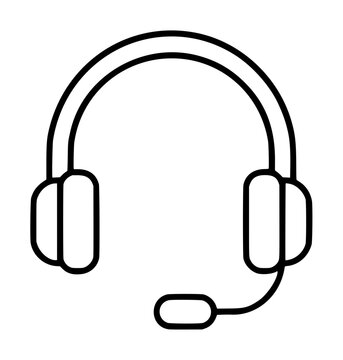 Hand traced black outline vector icon of over ear headset with attached microphone, minimalist line drawing illustration for support communication
