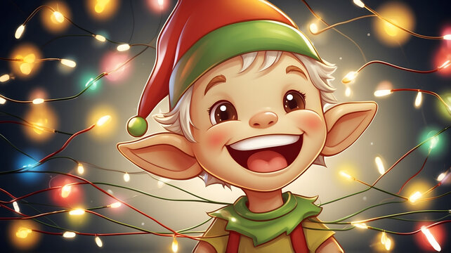  Bright festive portrait of a laughing baby elf character with green and red holiday clothes, surrounded by glowing Christmas lights bokeh.