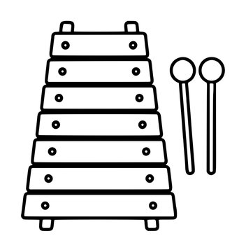Hand-drawn xylophone percussion instrument with two mallets, black and white line art vector icon illustration, minimalist musical sketch for educational and design use