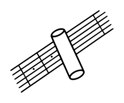 Hand-drawn guitar slide bar vector icon, monochrome line illustration of a bottleneck tube resting diagonally across strings on a fretboard, retro music accessory design for print and digital use