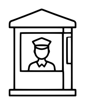 Minimalist vector line icon illustration of a uniformed security guard wearing a peaked cap stationed inside a small guard shack booth, hand-drawn outline style on white