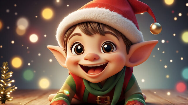 Close-up portrait of a joyful and happy little Christmas elf with big eyes wearing a red Santa hat and smiling cheerfully.