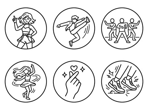 K-pop idol dance icon set, hand drawn outline idols performing moves, minimalist vector doodle pack