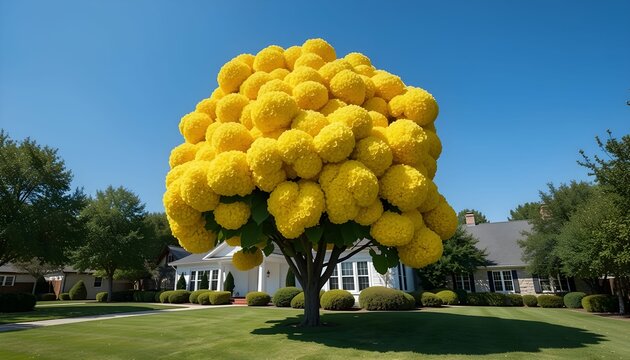 An extraordinary suburban tree with a massive, dense crown made of bright yellow pom-pom flower clusters, perfectly manicured in front of a white residential house.
