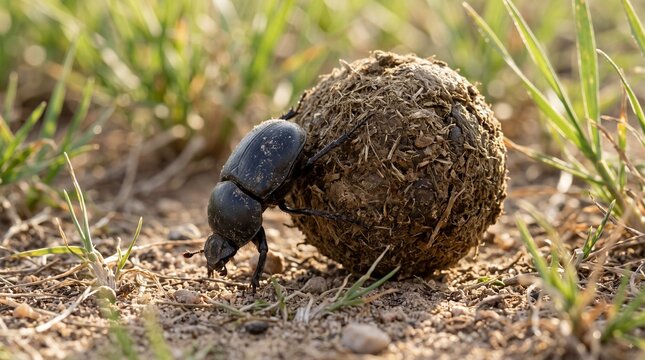 A large black dung beetle rolling a large ball of animal dung through dry grass and soil in a natural outdoor meadow environment during daylight