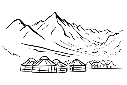 Traditional yurts and houses in a mountain landscape line art illustration