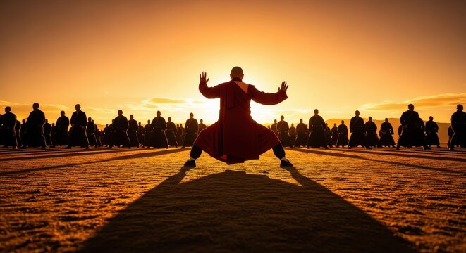 Shaolin Monks Practicing Traditional Martial Arts at Sunset in the Desert, Silhouette of Kung Fu Training