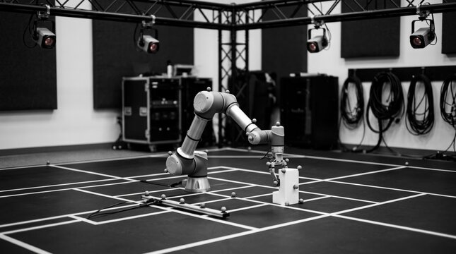 Physical AI testing setup with infrared cameras, reflective markers, calibration wand, and articulated robot arm on a studio floor.