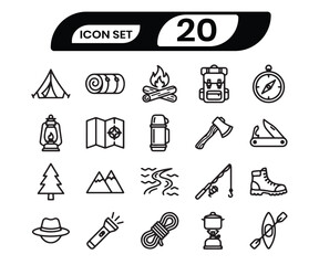 Fototapeta premium Camping icon set with mountain tent compass and hiking equipment line art vector illustration