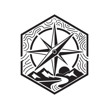 Detailed compass rose illustration with mountains and sun inside a hexagonal frame black and white