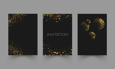 Obraz premium Set of luxury black invitation card templates with gold glitter and sparkling frames