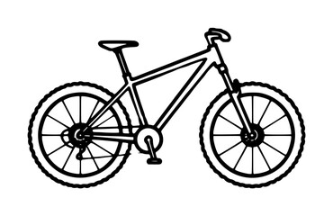Obraz premium Hand-drawn mountain bike vector icon illustration featuring knobby tires, sturdy frame, saddle, handlebars, and pedals in detailed black line art style for outdoor adventure designs