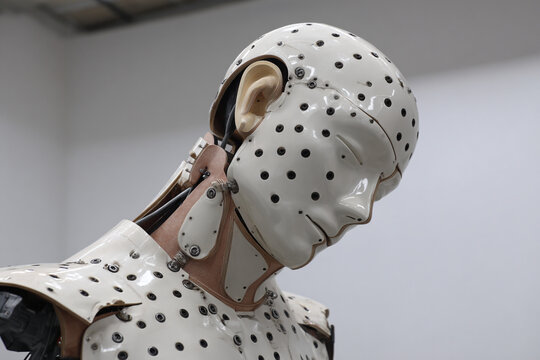 White metallic futuristic humanoid android robot face head looking down in profile isolated on grey background, artificial intelligence AI cybernetic technology machine science fiction concept.