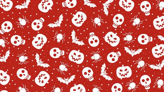 Red Halloween Graphic Pattern. A bold 4K seamless looping animation featuring flat white jack-o'-lanterns, flying bats, skulls, and spiders drifting over a deep red dotted background.