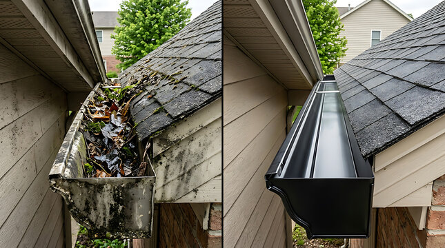 Comparison of an Rusty and Dirty Gutter Versus a Clean Modern Gutter System Installed on a Residential House