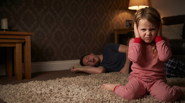 Kid covering ear to block sound of snoring father sleeping on floor. Annoyed daughter in pajamas reacting to loud noise at night. Home scene about family sleep disorder, health, stress.