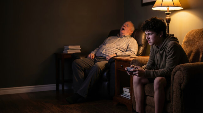 Senior man snoring while teenager plays video game in living room. Tired grandfather sleeping in armchair behind focused grandson gaming with controller. Family health lifestyle concept.