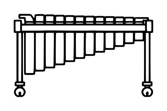 Hand-traced vector icon of a marimba xylophone percussion instrument with wooden bars and wheeled frame in simple black line illustration style for musical graphics