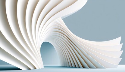 Naklejka premium Curving white spiral tunnel of layered slats creating abstract architectural wave and flowing minimal forms