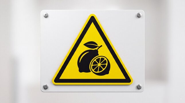Warning sign with a yellow triangle icon featuring a lemon and a citrus slice silhouette on a white rectangular metal plate with four screws in the corners