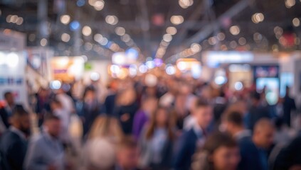 Fototapeta premium Blurred crowd in an event hall backdrop with indistinct attendees. Abstract, unfocused individuals at an airport, fair, convention, or exhibition.