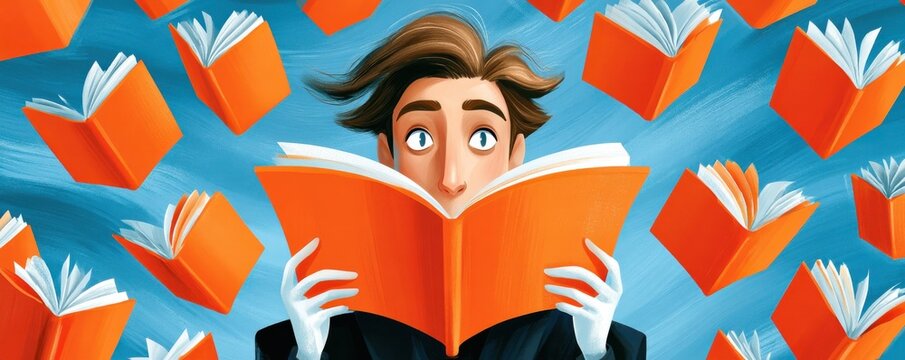 Surprised reader immersed in a bright illustrated scene of floating orange books and learning