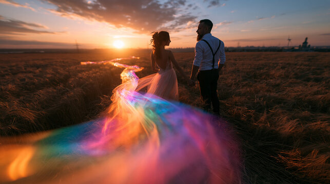 Couple in Field at Sunset with Flowing Veil