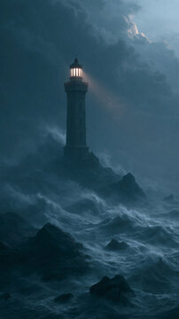 A tall stone lighthouse shines a bright beam of light across the dark and stormy ocean waves during a cloudy night at the rocky coast