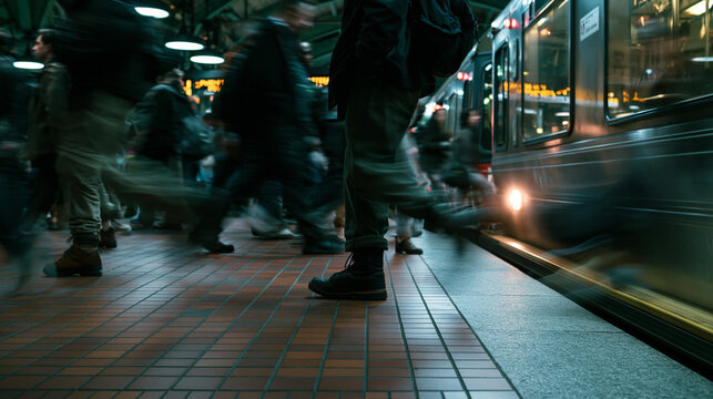Commuters Boarding Train at Night Station Platform