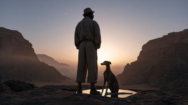 Man and Dog Standing in Desert Canyon at Sunset