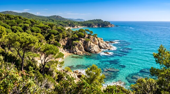 Mediterranean rocky coastline. Crystal clear turquoise sea. Lush coastal landscape. Travel destination photography