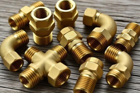 Group of brass plumbing connectors and fittings arranged on wooden surface. Assortment includes elbows tees and straight connectors used for water pipes and supply lines.
