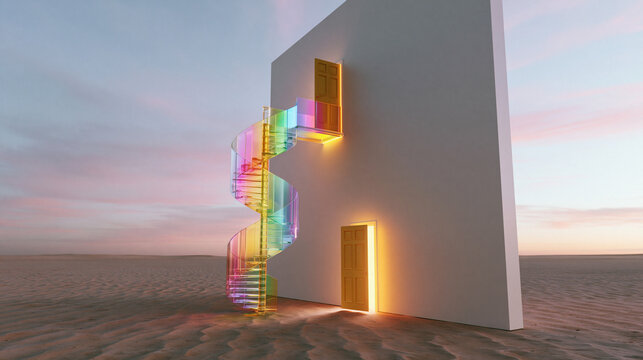 Surreal Staircase: Colorful Path Through White Wall