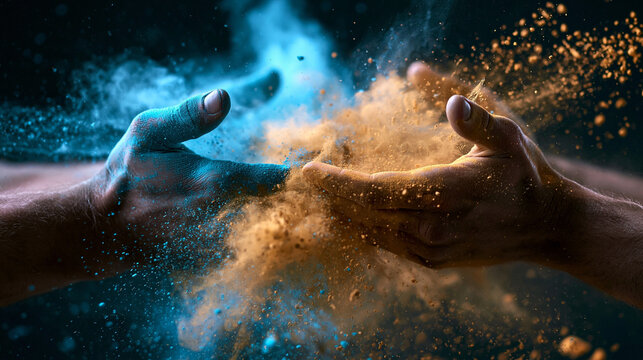 Two Hands Creating Colorful Powder Explosion