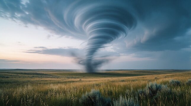 Massive tornado funnel cloud spins above vast prairie landscape during blue hour. Dramatic storm clouds gather in dark sky over wide grass field. Powerful wind creates swirling vortex in rural